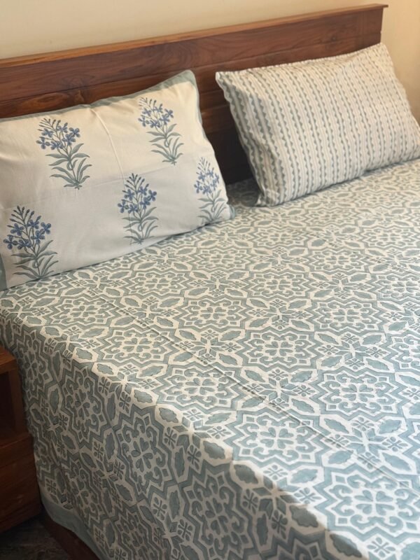 AZURE BLOOM - Block printed bed sheet set